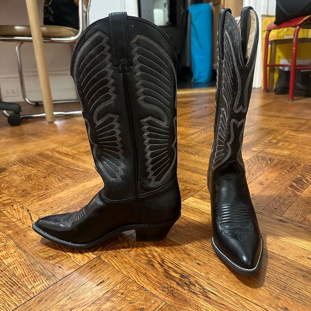 Black, heeled, cowboy boots